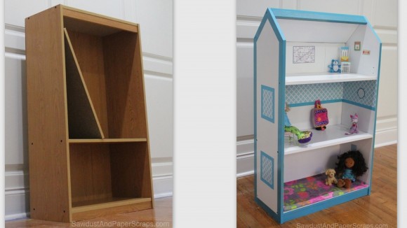 Transformar uma estante de livros em uma casa de bonecas antes e depois