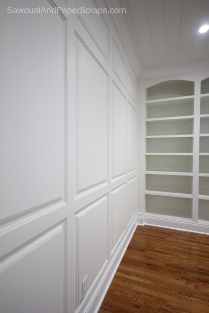 DIY Library with White Built-ins and Wainscoting