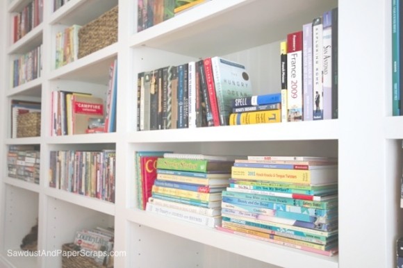 Library with White Built-In Bookshelves