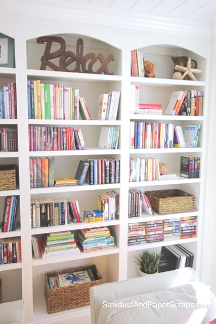 Library with White Built-In Bookshelves
