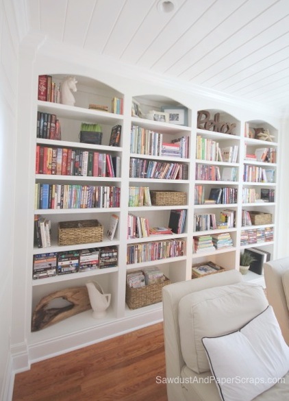 Library with White Painted Built-In Bookshelves