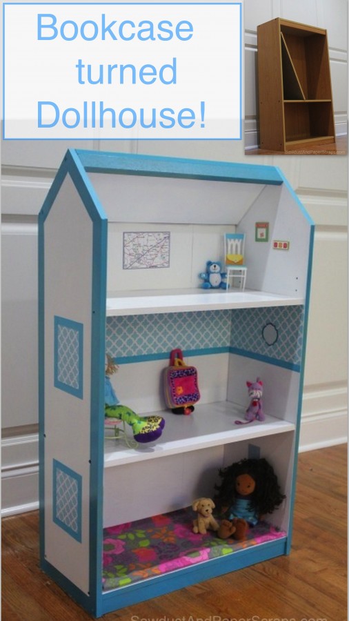 Turn a bookcase into a dollhouse before and after